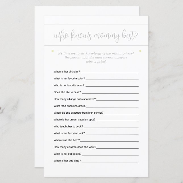 Who Knows Mommy Best Guessing Game Minimal (Front/Back)
