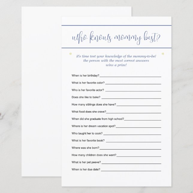 Who Knows Mommy Best Guessing Game Stars Blue (Front/Back)