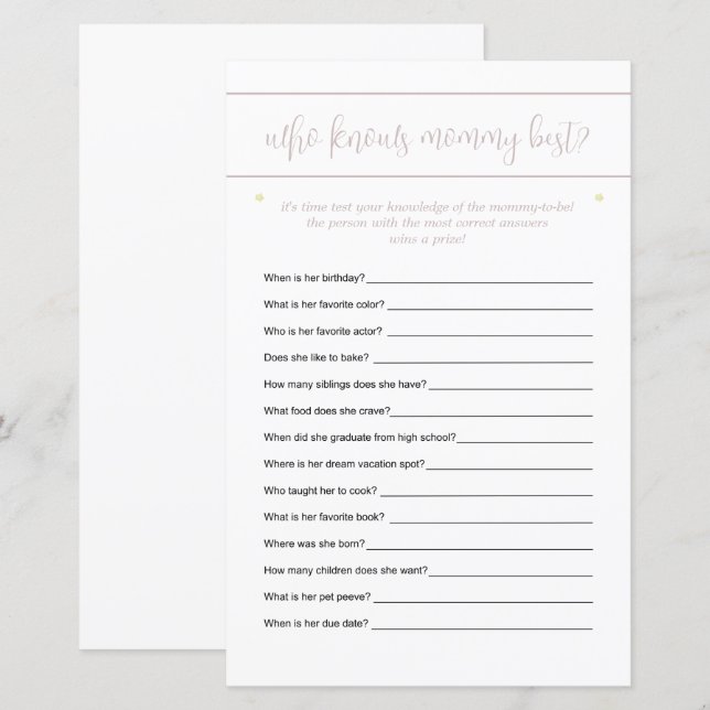 Who Knows Mommy Best Guessing Game Stars Pink (Front/Back)