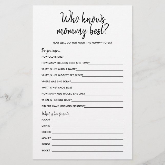 Who Knows Mommy Best Minimalist Baby Shower Game (Front)