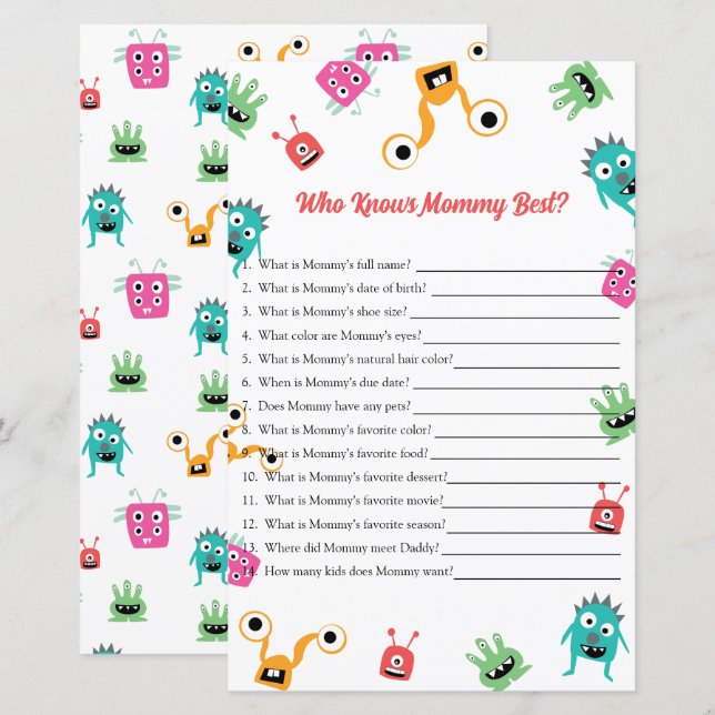 Who Knows Mommy Best Monster Baby Shower Game (Front/Back)