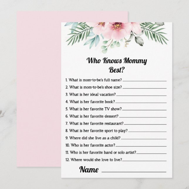 Who Knows Mommy Best Pink Baby Shower Game Card (Front/Back)