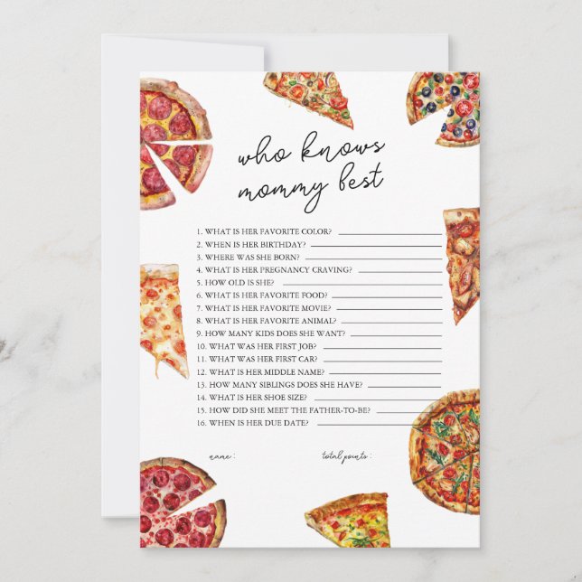 Who Knows Mommy Best Pizza Baby Shower Game Card (Front)