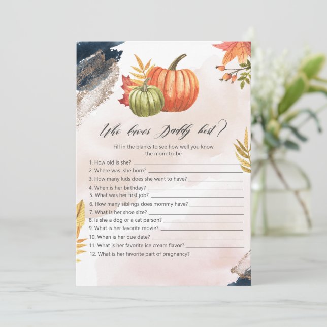Who Knows Mommy Best Pumpkin Baby Shower Game Card (Standing Front)