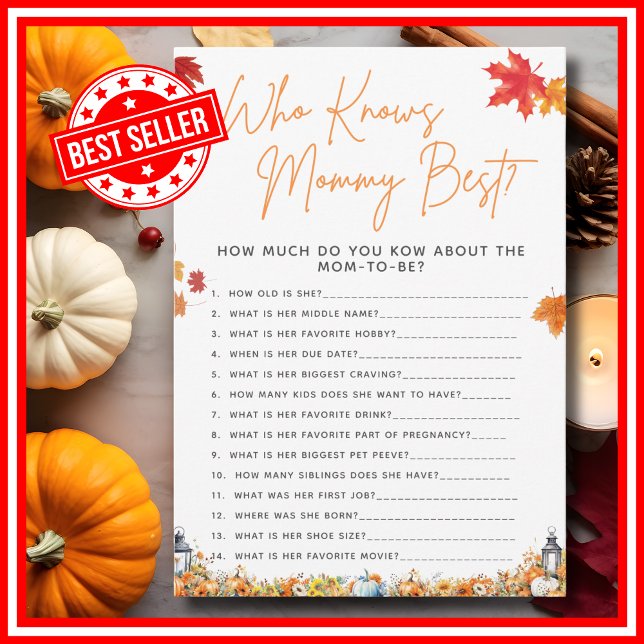 WHO KNOWS MOMMY BEST Questions Baby Shower Game Invitation (WHO KNOWS MOMMY BEST Baby Shower Game with Answers A Little Pumpkin is on the Way Theme )