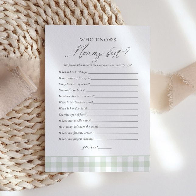 Who Knows Mommy Best Sage Gingham Baby Shower Game Invitation (Creator Uploaded)