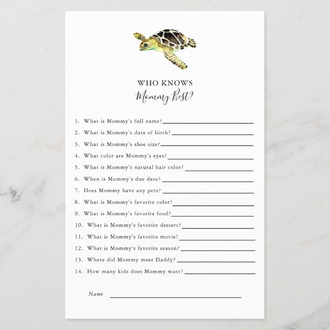 Who Knows Mommy Best Sea Turtle Baby Shower Simple Flyer (Front)