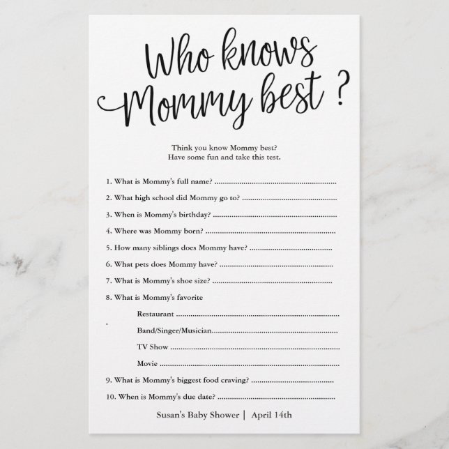 Who Knows Mommy Best Shower Paper Game Card (Front)