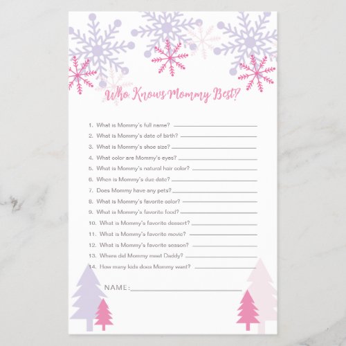 Who Knows Mommy Best Snowflake Baby Shower Game Flyer