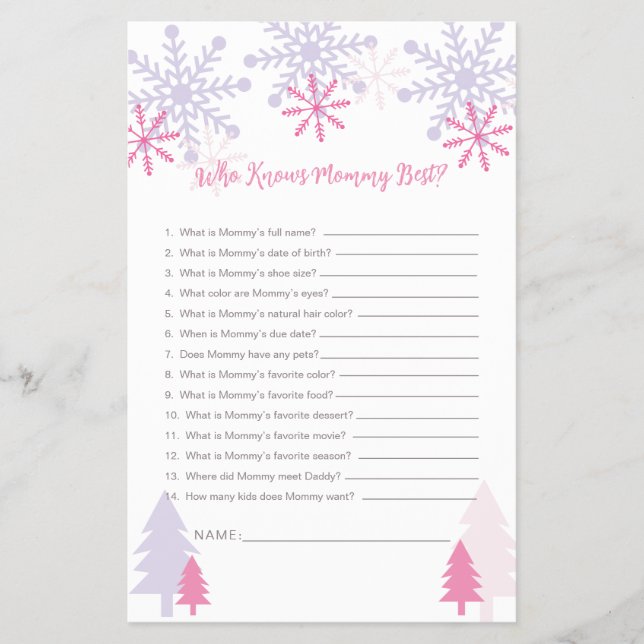 Who Knows Mommy Best Snowflake Baby Shower Game Flyer (Front)