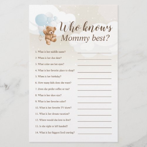  Who Knows Mommy Best Teddy Bear Baby Shower Game Flyer