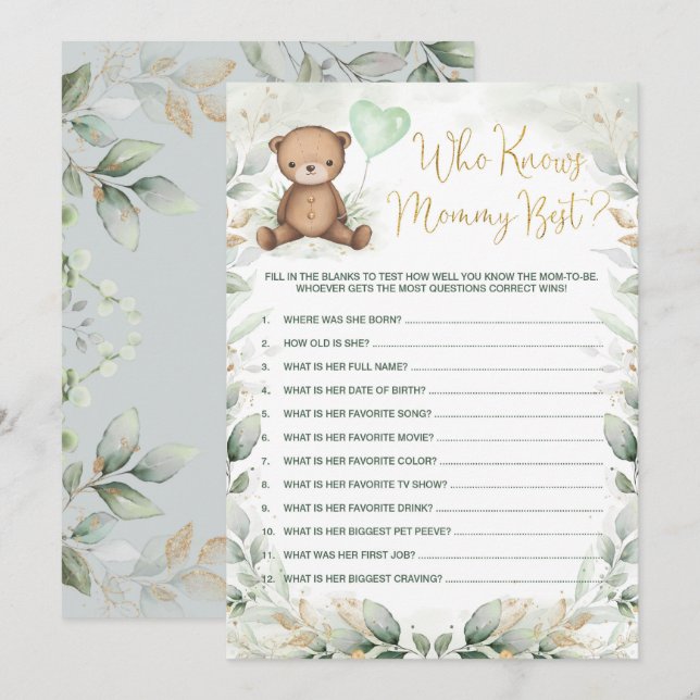 Who Knows Mommy Best Teddy Bear Baby Shower Game Invitation (Front/Back)