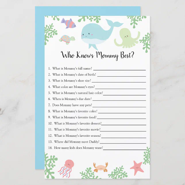 Who Knows Mommy Best Under Sea Baby Shower Game | Zazzle