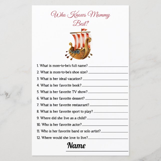 Who Knows Mommy Best Vikings Baby Shower Game Card (Front)