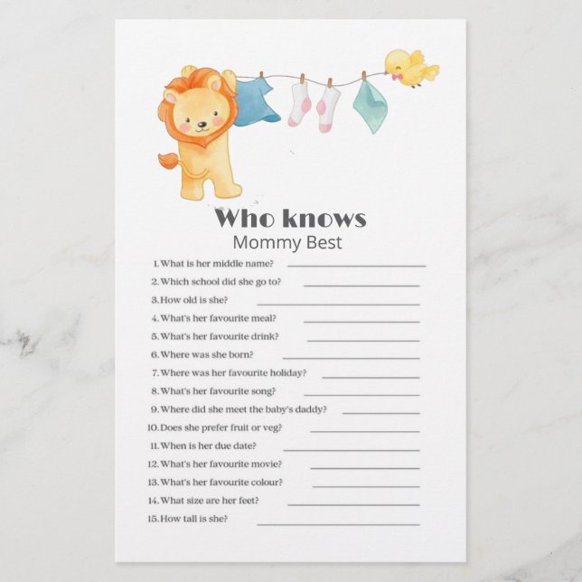 Who knows mommy best woodland Baby Shower Game  (Front)