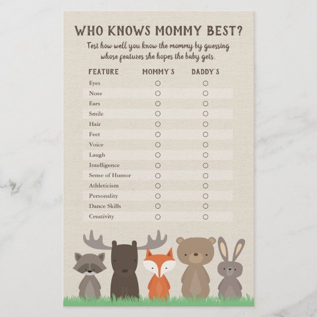 Who Knows Mommy Best Woodland Baby Shower Game Flyer (Front)