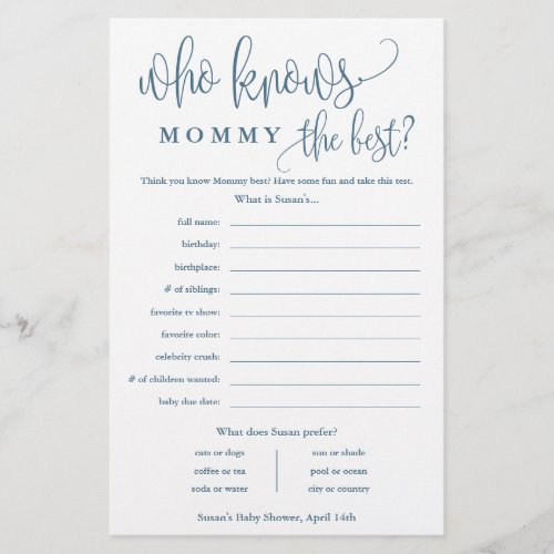 Who Knows Mommy Blue Baby Shower Paper Game Card