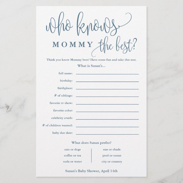 Who Knows Mommy, Blue Baby Shower Paper Game Card (Front)
