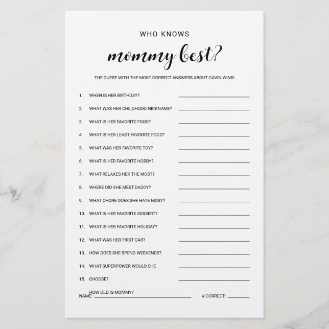 Who Knows Mommy Budget Friendly Baby Shower Game Flyer (Front)