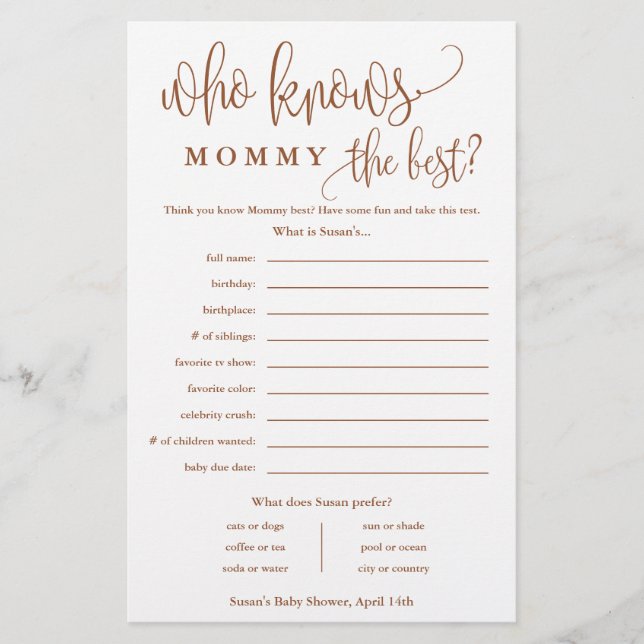 Who Knows Mommy, Terra Baby Shower Paper Game Card (Front)