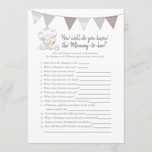 Who Knows Mommy-To-Be Game Baby Elephant Card | Zazzle