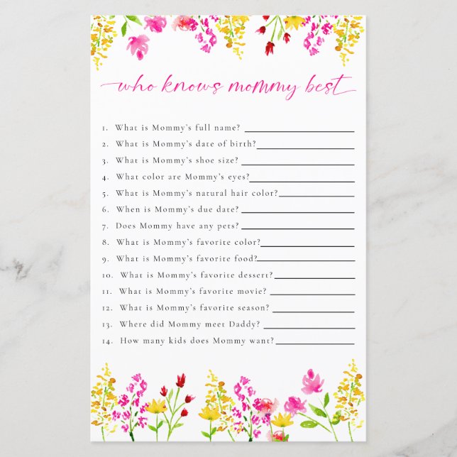 Who Knows Mommy Wildflowers Baby Shower Game (Front)