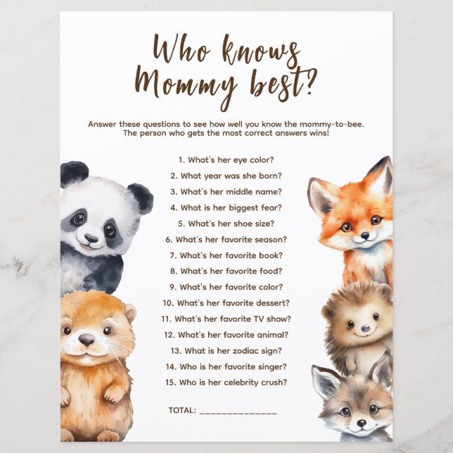 Who knows Mommy Woodland Animals Baby Shower Game (Front)