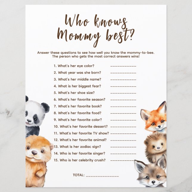 Who knows Mommy Woodland Animals Baby Shower Game (Front)