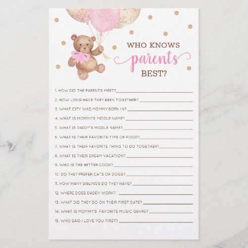 Who Knows Parents Best Game Baby Shower Teddy Bear