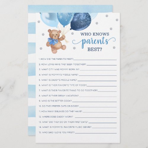 Who Knows Parents Best Game Baby Shower Teddy Bear