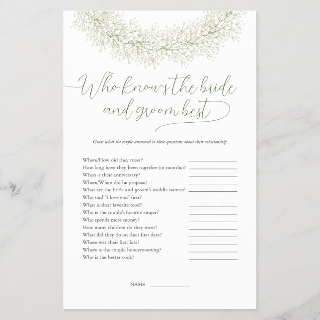 Who Knows The Bride And Groom Best Bridal Game Flyer (Front)