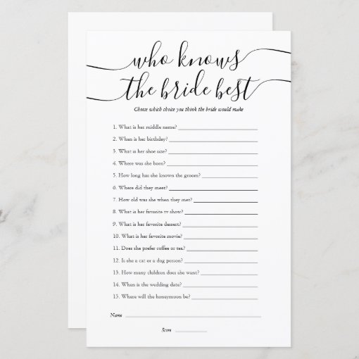 Who Knows The Bride Best Bridal Shower Game | Zazzle