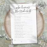 Who Knows The Bride Best Bridal Shower Game<br><div class="desc">This fun bridal shower game can be personalized with your own who knows the bride best questions. Designed by Thisisnotme©</div>