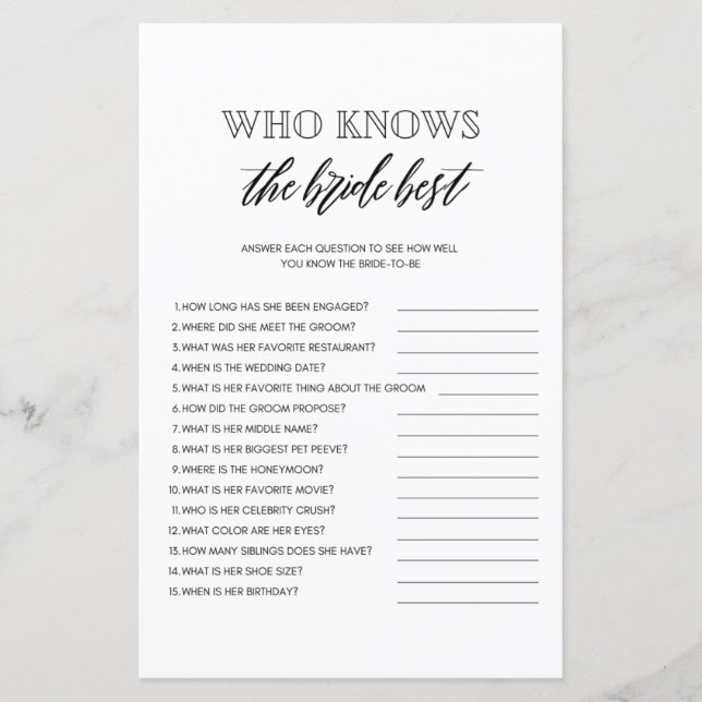 Who knows the bride best bridal shower game  (Front)