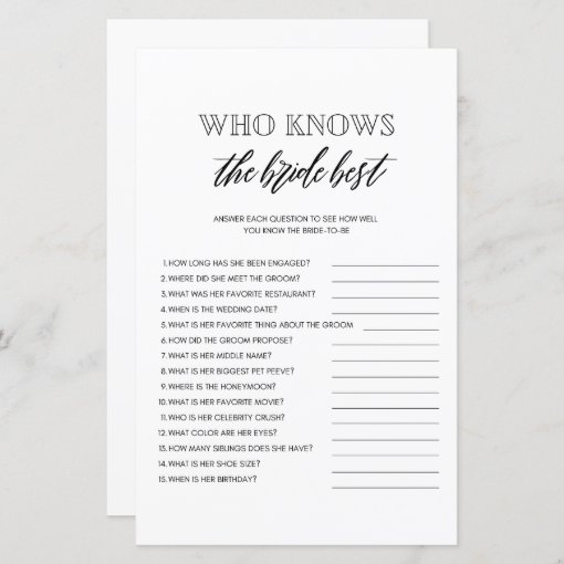 Who knows the bride best bridal shower game | Zazzle