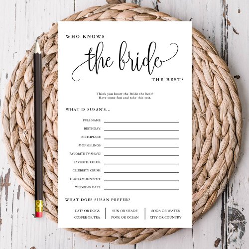 Who Knows The Bride Editable Paper Game Card