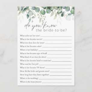Who Knows The Bride Eucalyptus Bridal Shower Game Enclosure Card