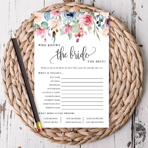 Who Knows The Bride Floral Border Paper Game Card