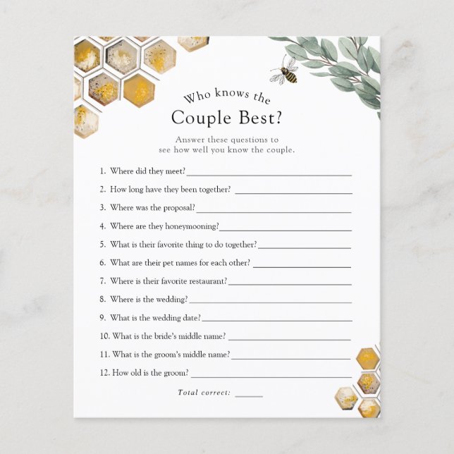 Who Knows the Couple Best Bee Bridal Shower Game (Front)