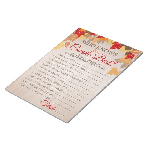 Who Knows The Couple Best Fall Bridal Game Pack Notepad