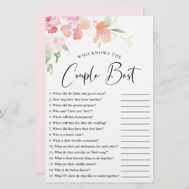 Who Knows the Couple Best Floral Shower Game (Front/Back)