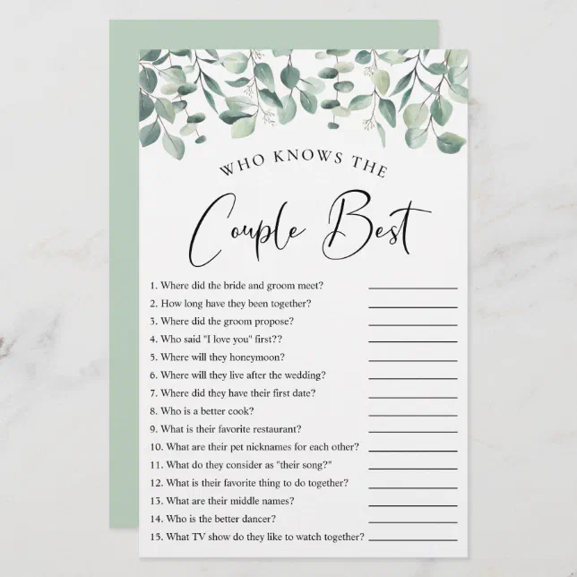 Who Knows the Couple Best Greenery Shower Game | Zazzle