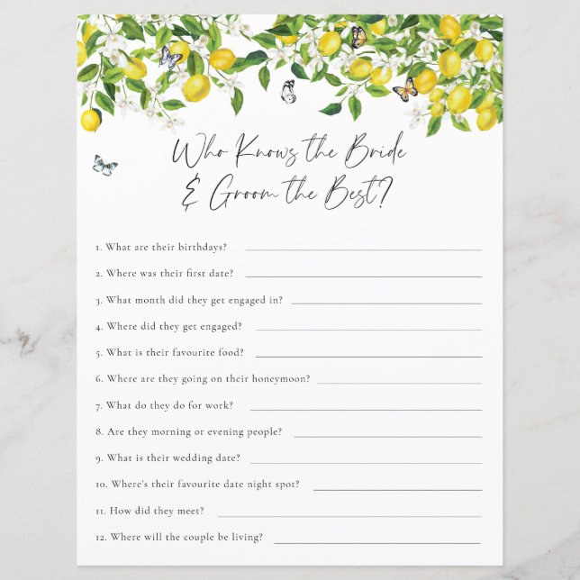 Who Knows the Couple Best Lemon Bridal Shower Game (Front)