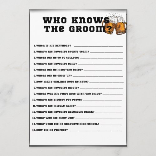 Who Knows the Groom Bachelor Party Game Invitation