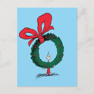 Who Peeking Through Christmas Wreath Postcard
