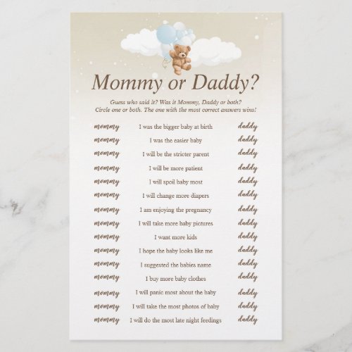 Who Said It Blue Teddy Bear Baby Shower Game Flyer