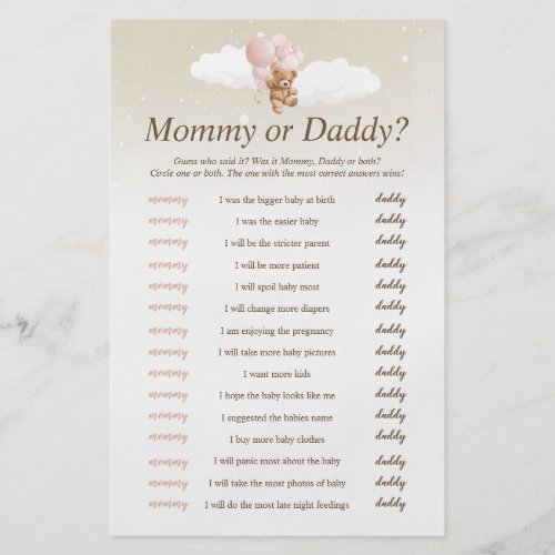Who Said It Pink Teddy Bear Baby Shower Game Flyer