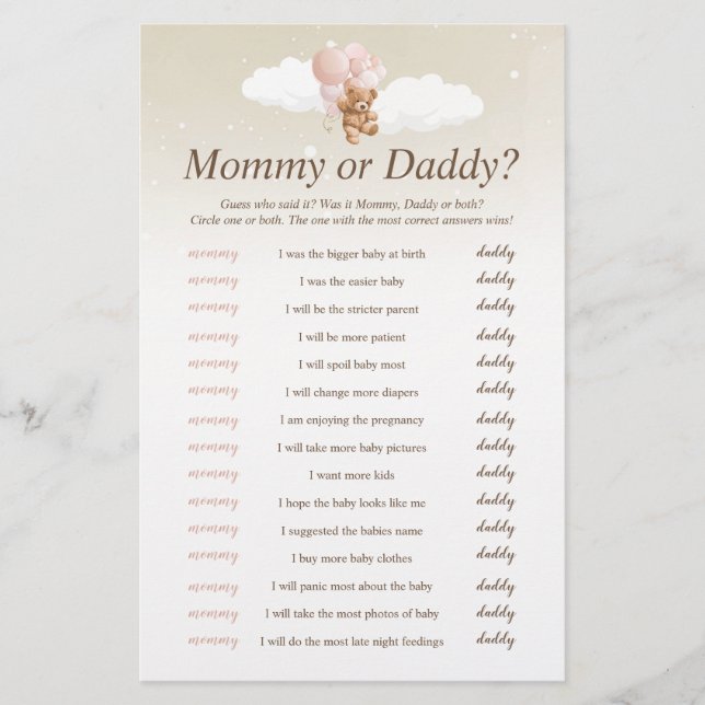 Who Said It Pink Teddy Bear Baby Shower Game Flyer (Front)