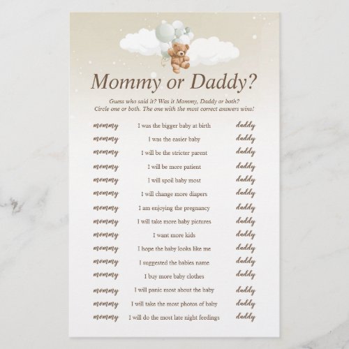 Who Said It Sage Teddy Bear Baby Shower Game Flyer
