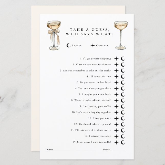 Who says what Gender Neutral Wedding Shower Game (Front/Back)